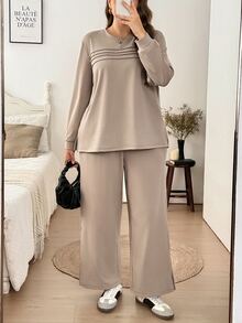 SHEIN LUNE Plus Size Women 2pcs Set Autumn/Winter Thermal Lined Crew Neck Long Sleeve Sweatshirt With Pockets And Elastic Waist Plus Size Casual Pants For Daily Wear And Outings - Khaki - View 4