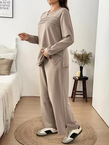SHEIN LUNE Plus Size Women 2pcs Set Autumn/Winter Thermal Lined Crew Neck Long Sleeve Sweatshirt With Pockets And Elastic Waist Plus Size Casual Pants For Daily Wear And Outings - Khaki - View 7