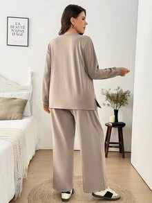 SHEIN LUNE Plus Size Women 2pcs Set Autumn/Winter Thermal Lined Crew Neck Long Sleeve Sweatshirt With Pockets And Elastic Waist Plus Size Casual Pants For Daily Wear And Outings - Khaki - View 3