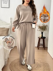 SHEIN LUNE Plus Size Women 2pcs Set Autumn/Winter Thermal Lined Crew Neck Long Sleeve Sweatshirt With Pockets And Elastic Waist Plus Size Casual Pants For Daily Wear And Outings - Khaki - View 8