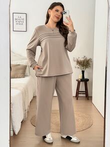 SHEIN LUNE Plus Size Women 2pcs Set Autumn/Winter Thermal Lined Crew Neck Long Sleeve Sweatshirt With Pockets And Elastic Waist Plus Size Casual Pants For Daily Wear And Outings - Khaki - View 6