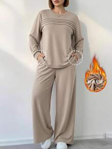SHEIN LUNE Plus Size Women 2pcs Set Autumn/Winter Thermal Lined Crew Neck Long Sleeve Sweatshirt With Pockets And Elastic Waist Plus Size Casual Pants For Daily Wear And Outings - Khaki - View 9