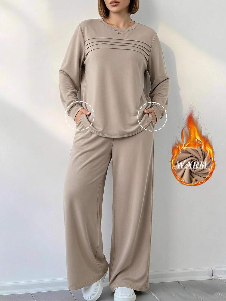 SHEIN LUNE 大尺碼女款 2 件套 秋冬保暖內裡圓領長袖運動衫（附口袋）搭配鬆緊腰休閒長褲，適合日常穿著與外出 - 卡其色 - 查看 8