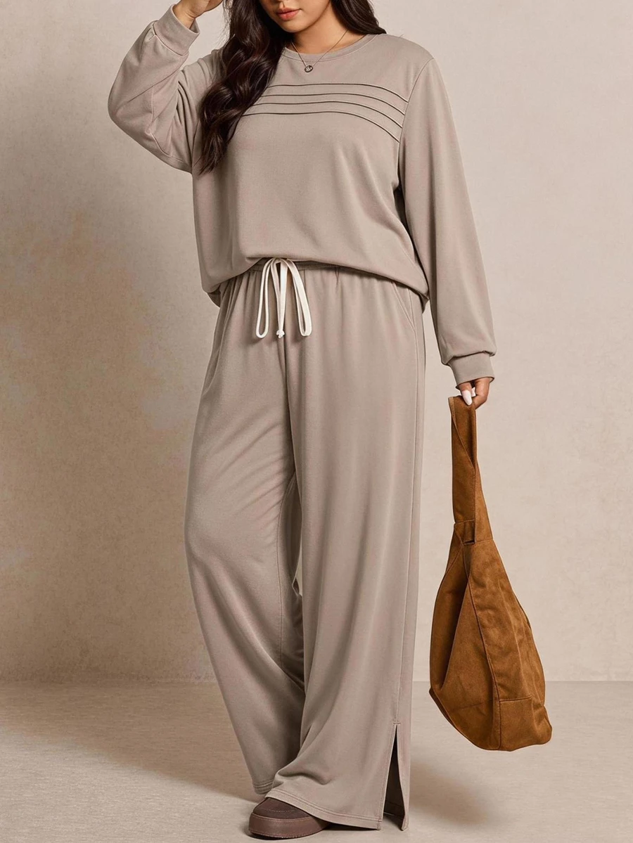 SHEIN LUNE Plus Size Women 2pcs Set Autumn/Winter Thermal Lined Crew Neck Long Sleeve Sweatshirt With Pockets And Elastic Waist Plus Size Casual Pants For Daily Wear And Outings