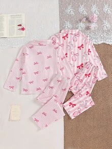 4件組女嬰上衣+長褲套裝，可愛甜美粉白蝴蝶結條紋圖案，鈕扣長袖翻領，休閒派對款，適合秋季萬聖節上學穿著 - 粉色 - 查看 3