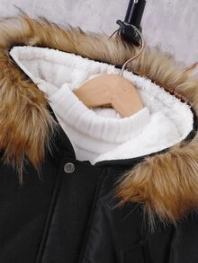 SHEIN Tween Boy Plush Hooded Zip-Up Casual Versatile Winter Padded Coat - Black - View 8