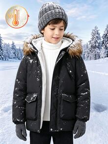 SHEIN Tween Boy Plush Hooded Zip-Up Casual Versatile Winter Padded Coat - Black - View 5
