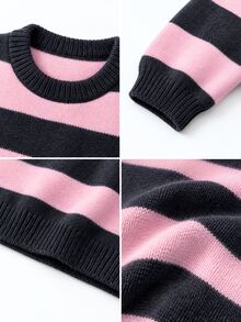 SHEIN Tween女孩 2026秋冬新款手工可愛熊毛衣，時尚皇家藍條紋針織套頭衫，圓領長袖設計，柔軟寬鬆百搭優雅風，可愛軟萌時尚毛衣上衣，易搭配牛仔褲/裙子，適合日常穿著與戶外旅行 - 粉色 - 查看 4