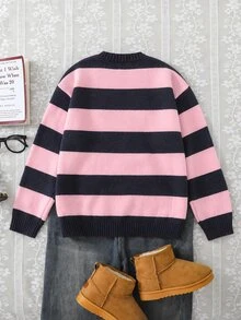 SHEIN Tween女孩 2026秋冬新款手工可愛熊毛衣，時尚皇家藍條紋針織套頭衫，圓領長袖設計，柔軟寬鬆百搭優雅風，可愛軟萌時尚毛衣上衣，易搭配牛仔褲/裙子，適合日常穿著與戶外旅行 - 粉色 - 查看 2