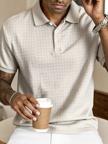 HUEFORM Men's Business Casual Commute Pattern Short Sleeve Polo Shirt - Beige - View 1