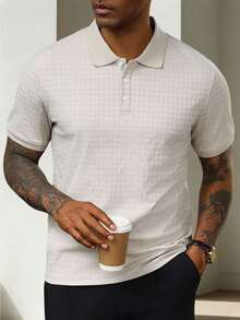 HUEFORM Men's Business Casual Commute Pattern Short Sleeve Polo Shirt - Beige - View 3