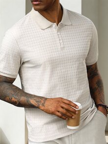 HUEFORM Men's Business Casual Commute Pattern Short Sleeve Polo Shirt - Beige - View 4