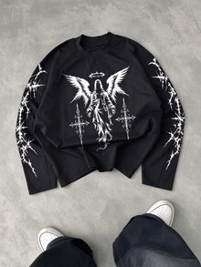 PAVTROS Men's Angel Pattern Casual Daily Long Sleeve T-Shirt - Black - View 1