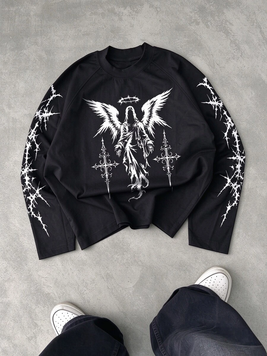 PAVTROS Men's Angel Pattern Casual Daily Long Sleeve T-Shirt - Black - View 1