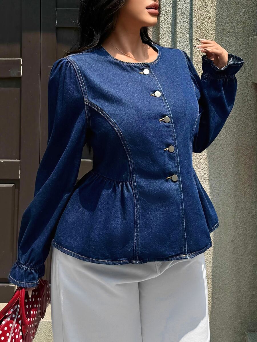 Rivivi Plus size slim fit smickrande mångsidig denimtopp med volangärmar, höst/vinter, nyårsoutfit - Mörktvätt - Visa 1