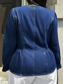 Rivivi Plus size slim fit smickrande mångsidig denimtopp med volangärmar, höst/vinter, nyårsoutfit - Mörktvätt - Visa 2