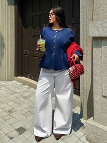 Rivivi Plus size slim fit smickrande mångsidig denimtopp med volangärmar, höst/vinter, nyårsoutfit - Mörktvätt - Visa 7