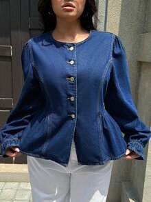 Rivivi Plus size slim fit smickrande mångsidig denimtopp med volangärmar, höst/vinter, nyårsoutfit - Mörktvätt - Visa 3