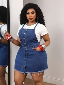 Slaydiva Plus Size Women's Outdoor Fashion Versatile All-Season Denim Overall Dress - Dark Wash - View 8