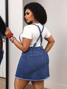 Slaydiva Plus Size Women's Outdoor Fashion Versatile All-Season Denim Overall Dress - Dark Wash - View 2
