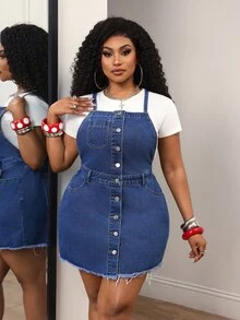 Slaydiva Plus Size Women's Outdoor Fashion Versatile All-Season Denim Overall Dress - Dark Wash - View 3