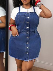 Slaydiva Plus Size Women's Outdoor Fashion Versatile All-Season Denim Overall Dress - Dark Wash - View 4