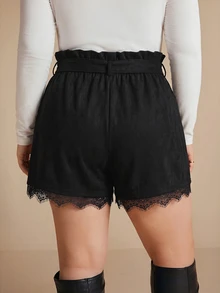 Elaquor Plus Size Women Solid Color Frill Trim Waist Knot Contrast Lace Shorts - Black - View 2