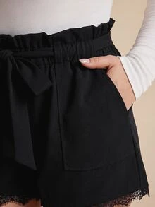 Elaquor Plus Size Women Solid Color Frill Trim Waist Knot Contrast Lace Shorts - Black - View 7