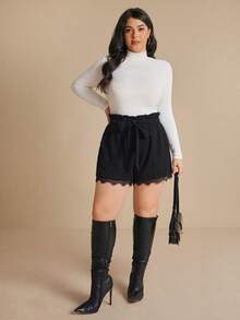 Elaquor Plus Size Women Solid Color Frill Trim Waist Knot Contrast Lace Shorts - Black - View 4