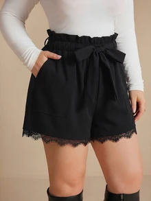 Elaquor Plus Size Women Solid Color Frill Trim Waist Knot Contrast Lace Shorts - Black - View 1