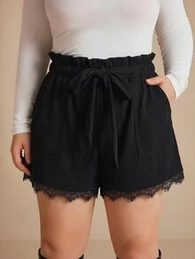 Elaquor Plus Size Women Solid Color Frill Trim Waist Knot Contrast Lace Shorts - Black - View 3