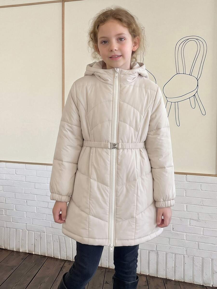 Hapijoa Tween Girl Winter Fashion Versatile Solid Color Hooded Jacket - Beige - View 1