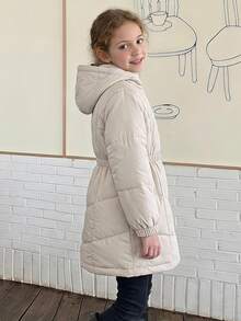 Hapijoa Tween Girl Winter Fashion Versatile Solid Color Hooded Jacket - Beige - View 6