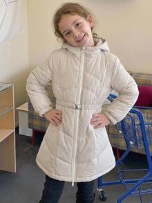 Hapijoa Tween Girl Winter Fashion Versatile Solid Color Hooded Jacket - Beige - View 4