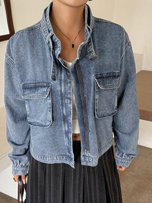 Dazy Plus Vintage Denim Zipper Placket Loose Pockets Stand Collar Long Sleeve Spring Summer Autumn Denim Jacket - Medium Wash - View 4