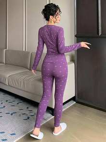 DAZY Bowknot All-Over Print Lightweight Slim Fit Pajama Set - Mauve Purple - View 2