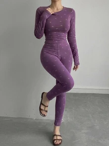 DAZY Bowknot All-Over Print Lightweight Slim Fit Pajama Set - Mauve Purple - View 5