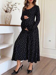 Dazy Maternity Ditsy Floral Fitted Elastic Square Neck Long Sleeve Casual Vacation Home Daily Spring Autumn Maternity Dress - Black - View 6