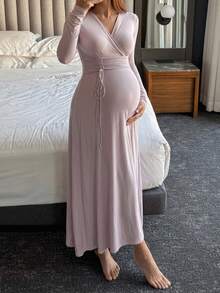 Dazy Maternity Solid Color Fitted Cinched Waist Ruched Tie Long Sleeve V-Neck Casual Vacation Daily Spring Autumn Dress Maternity Dress - Pink - View 1