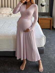 Dazy Maternity Solid Color Fitted Cinched Waist Ruched Tie Long Sleeve V-Neck Casual Vacation Daily Spring Autumn Dress Maternity Dress - Pink - View 8