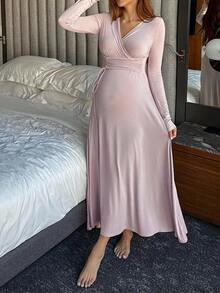 Dazy Maternity Solid Color Fitted Cinched Waist Ruched Tie Long Sleeve V-Neck Casual Vacation Daily Spring Autumn Dress Maternity Dress - Pink - View 5