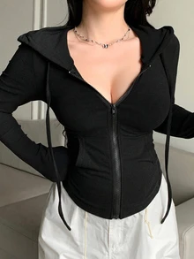 DAZY Solid Color Slim Fit Long Sleeve Hooded Casual Vacation Korean Style Daily Spring Autumn Maternity T-Shirt - Black - View 3