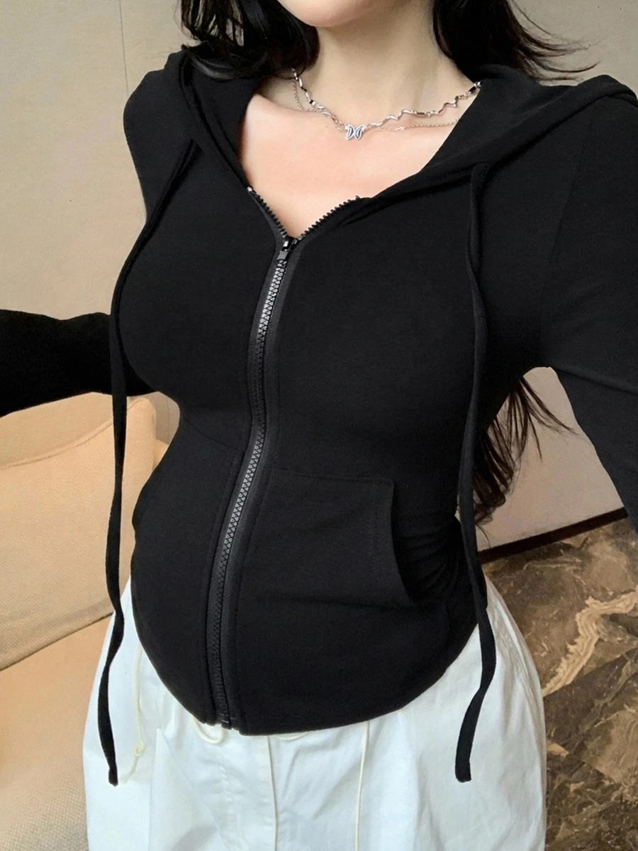 DAZY Solid Color Slim Fit Long Sleeve Hooded Casual Vacation Korean Style Daily Spring Autumn Maternity T-Shirt - Black - View 1