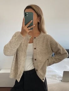 DAZY Women's Solid Color Loose Long Sleeve Textured Knit Cardigan, Casual Vintage Street Style Korean Autumn/Winter Thick Sweater - Apricot - View 1