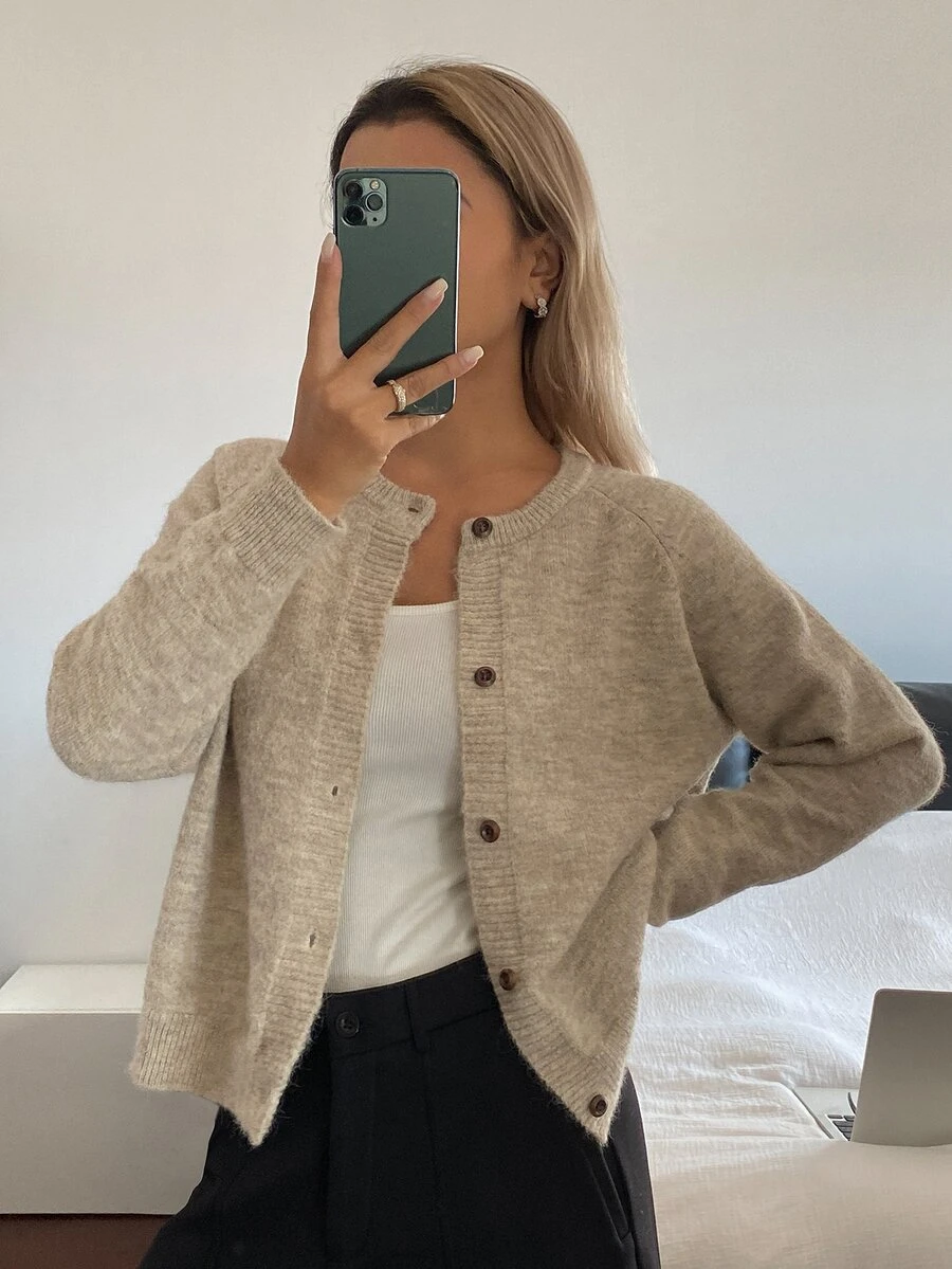 DAZY Women's Solid Color Loose Long Sleeve Textured Knit Cardigan, Casual Vintage Street Style Korean Autumn/Winter Thick Sweater - Apricot - View 1
