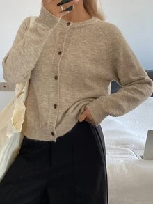DAZY Women's Solid Color Loose Long Sleeve Textured Knit Cardigan, Casual Vintage Street Style Korean Autumn/Winter Thick Sweater - Apricot - View 3