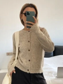 DAZY Women's Solid Color Loose Long Sleeve Textured Knit Cardigan, Casual Vintage Street Style Korean Autumn/Winter Thick Sweater - Apricot - View 5