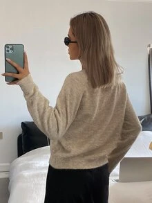 DAZY Women's Solid Color Loose Long Sleeve Textured Knit Cardigan, Casual Vintage Street Style Korean Autumn/Winter Thick Sweater - Apricot - View 2