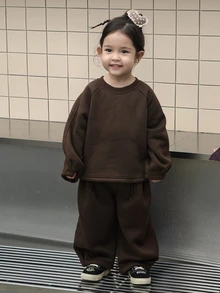 DAZY Infant (Girl) Round Neck Casual Loose Long Sleeve Sweatshirt 2 Pieces Set - Coffee Brown - View 9