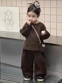 DAZY Infant (Girl) Round Neck Casual Loose Long Sleeve Sweatshirt 2 Pieces Set - Coffee Brown - View 1